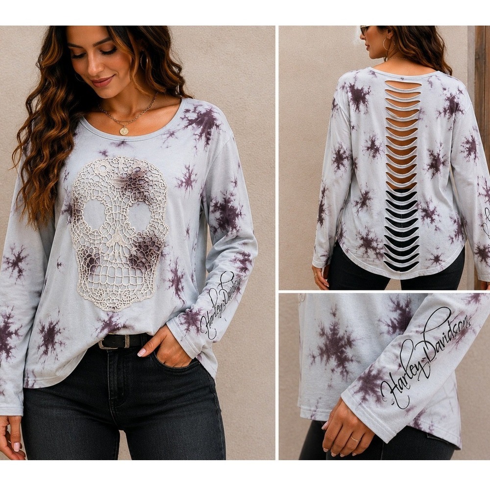 Harley-Davidson Women L Tie Dye Skull Crochet Lace Shredded Back Long Sleeve Top